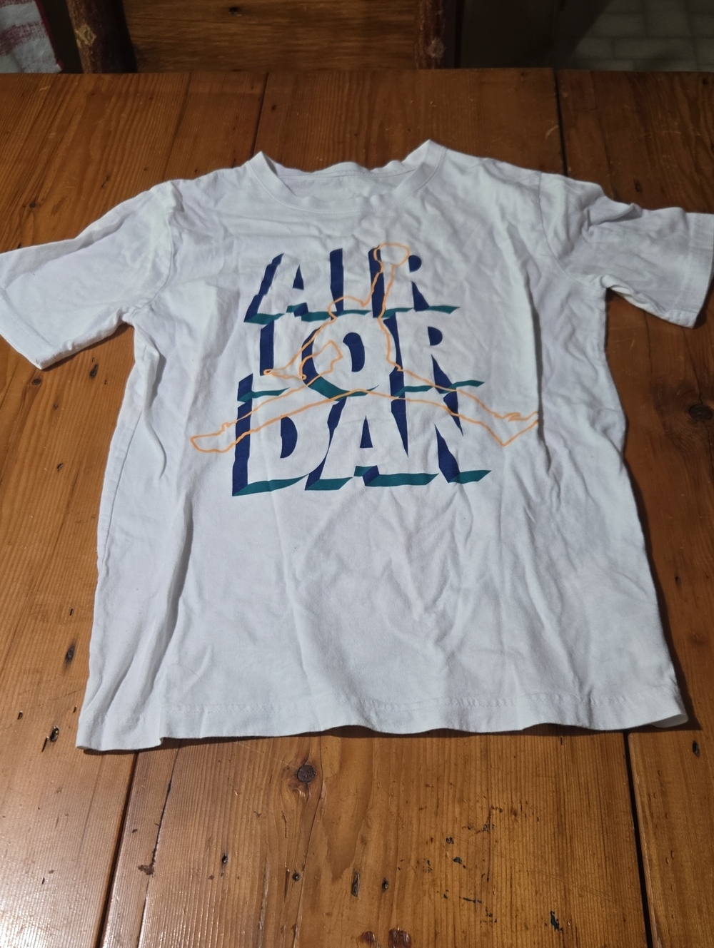 Air Jordan White Tee with Navy & Teal Graphic and Orange Accent Sz Xl